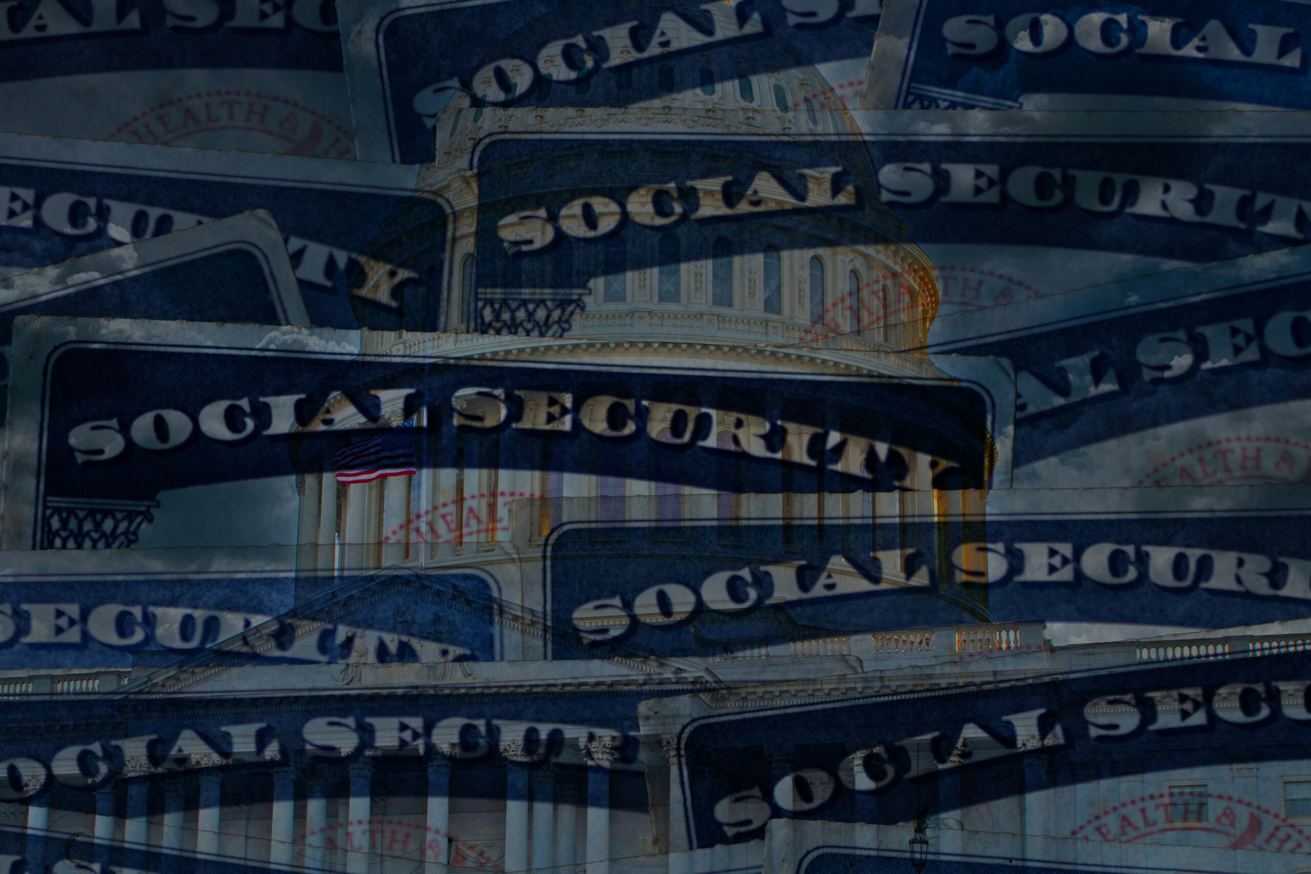 A layered collage of multiple Social Security cards blended over an image of the U.S. Capitol building, creating a visual theme connecting government institutions with Social Security benefits.