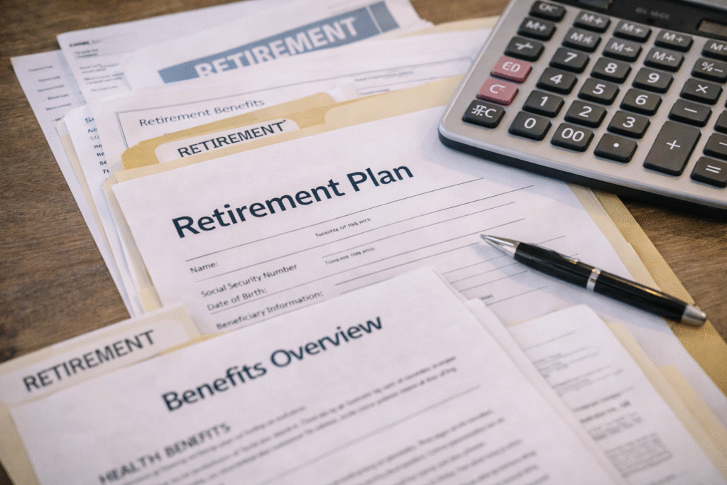 Retirement plan document on a desk, featuring graphs and financial projections for future savings and investments.
